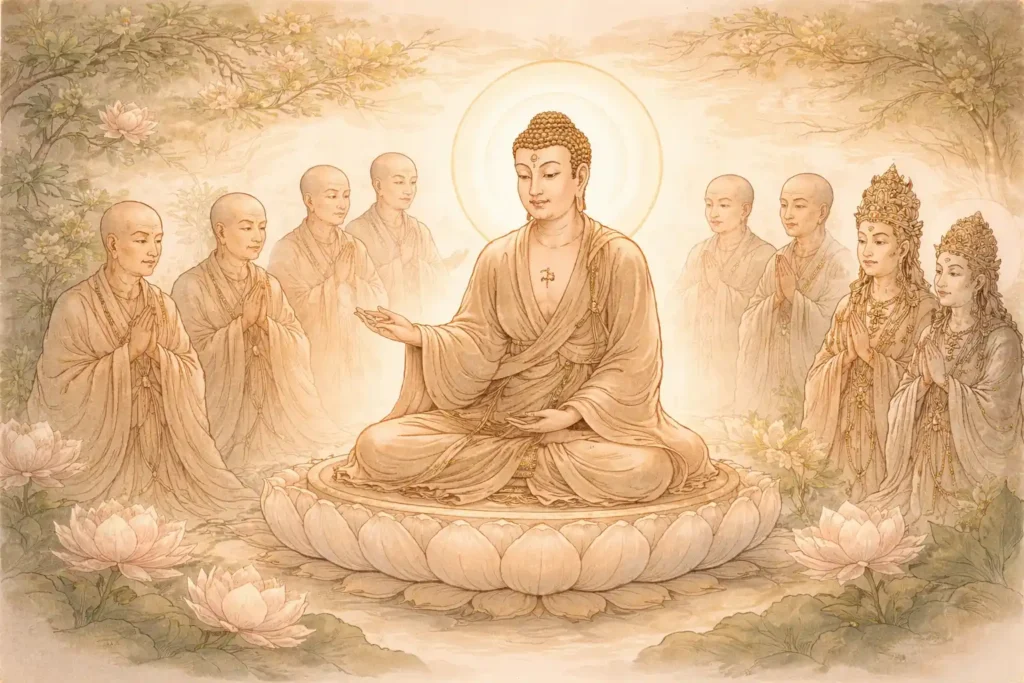 El Buda enseñando el Sutra del Diamante rodeado de discípulos en una escena serena de meditación y sabiduría