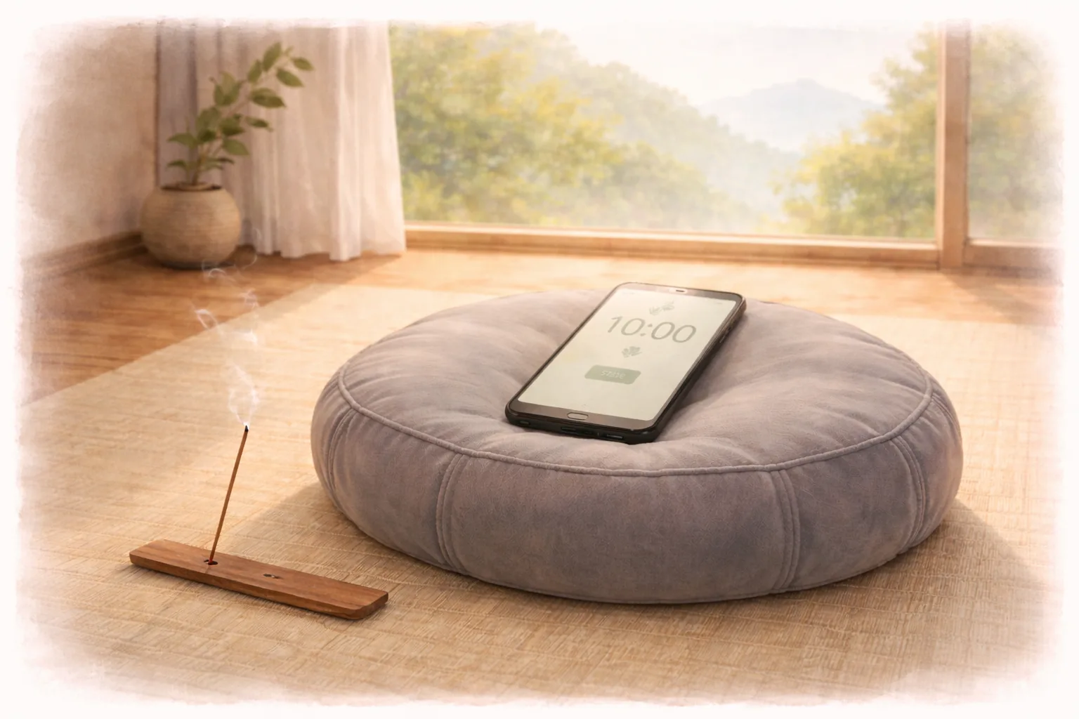 temporizador para meditar sobre cojín con jardín zen al fondo