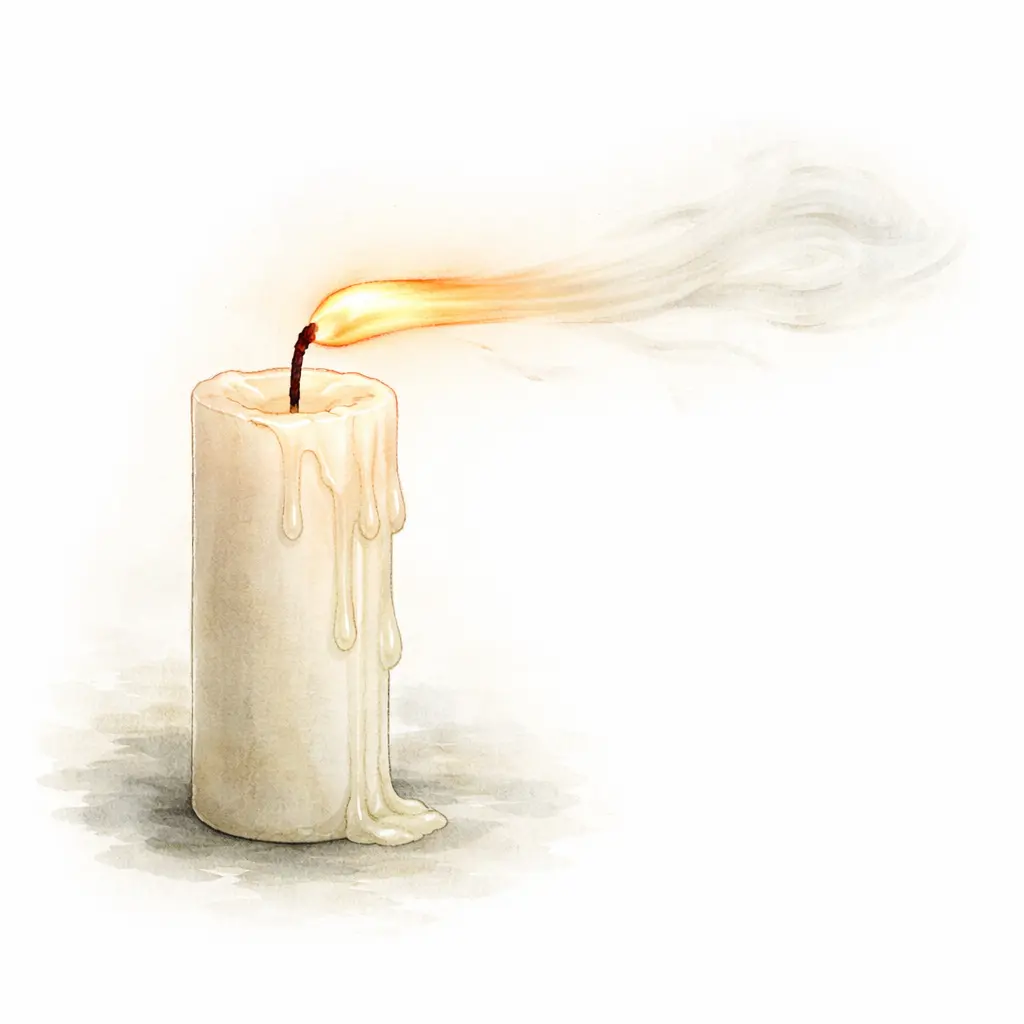 vela con la llama inclinada por el viento simbolizando la mente inestable y la dificultad para mantener la atención en la meditación