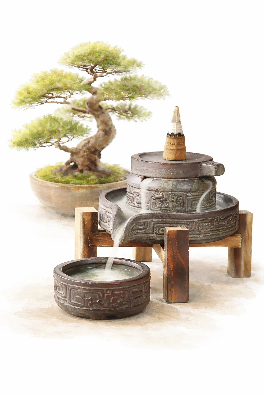 quemador de incienso en cascada con humo descendente y bonsái en estilo acuarela sobre fondo blanco