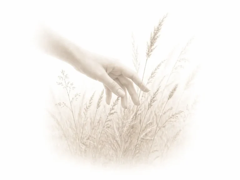 Mano rozando la hierba de un campo sobre fondo blanco, ilustración suave para mindfulness