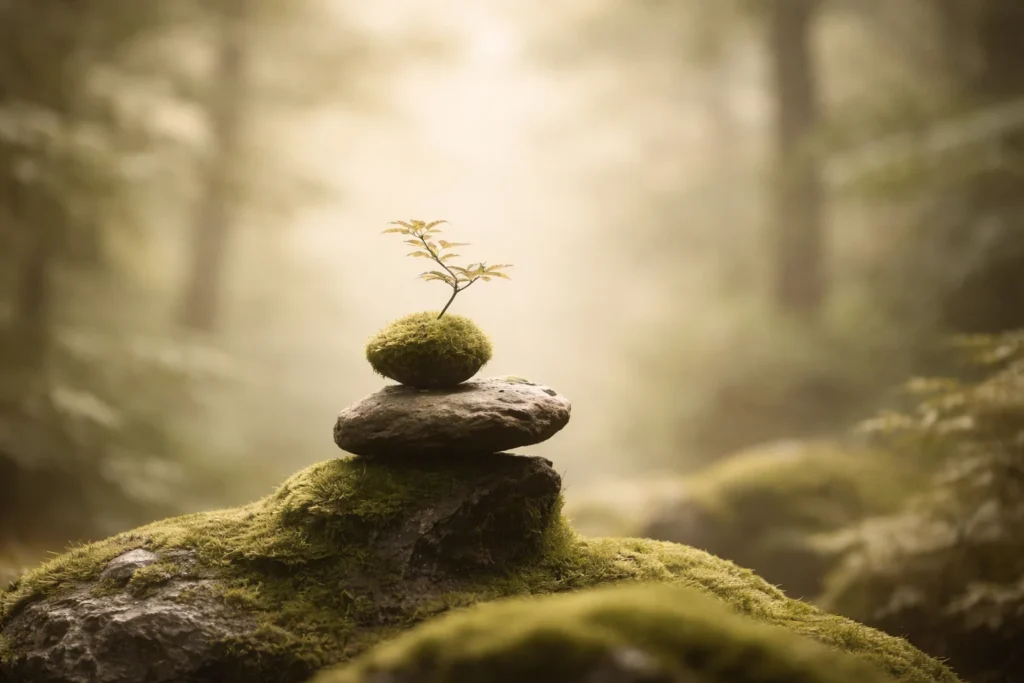 Piedras cubiertas de musgo con un pequeño brote en el bosque, imagen serena para una meditación de 10 minutos para principiantes