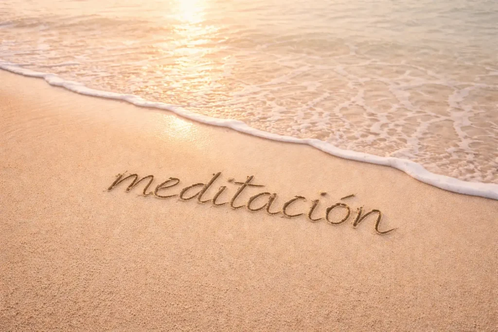 meditación escrita en la arena de la playa con olas suaves y mar calmado