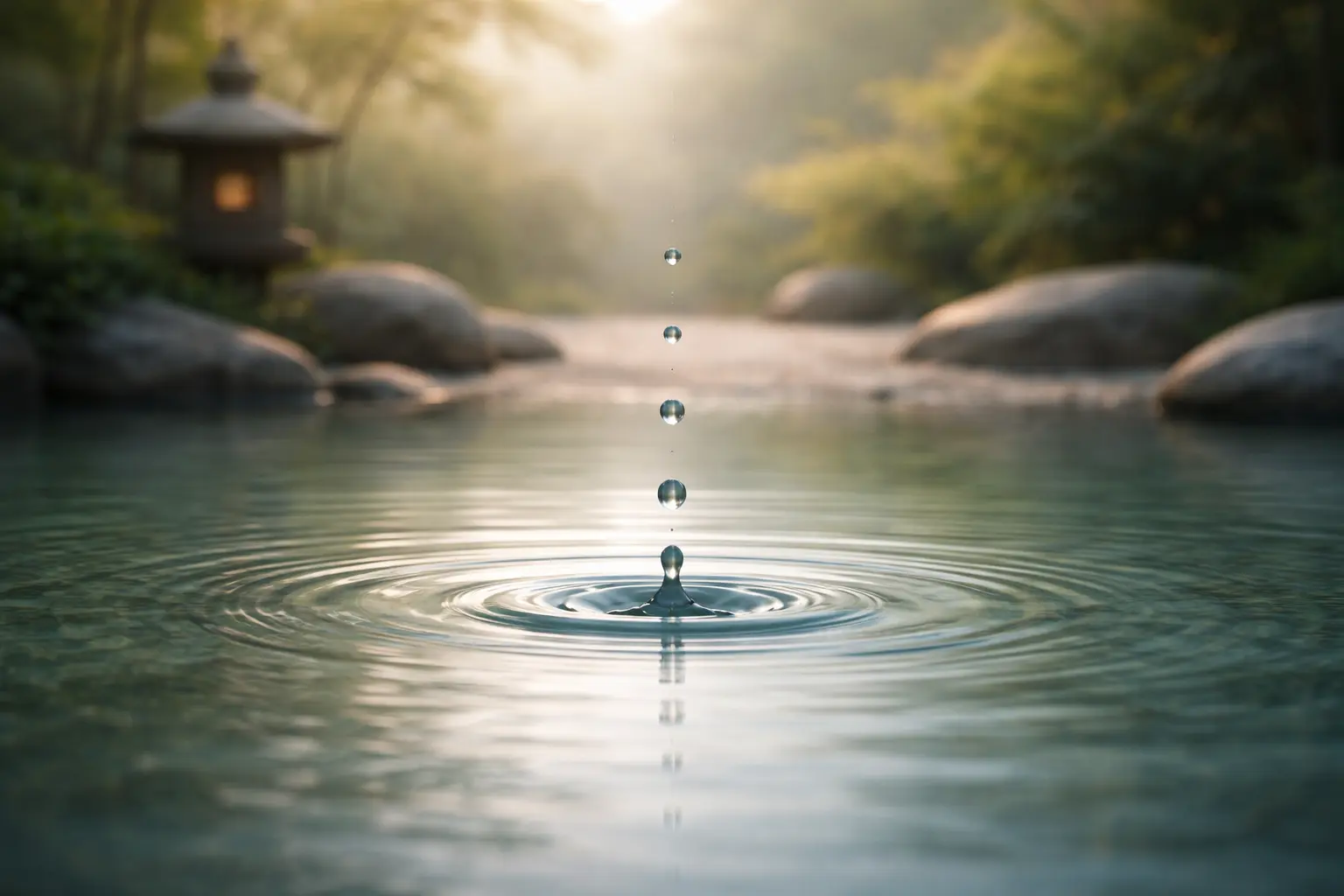 Gotas de agua cayendo en calma formando ondas en un estanque con fondo de jardín tibetano, simbolizando el mindfulness y la atención plena
