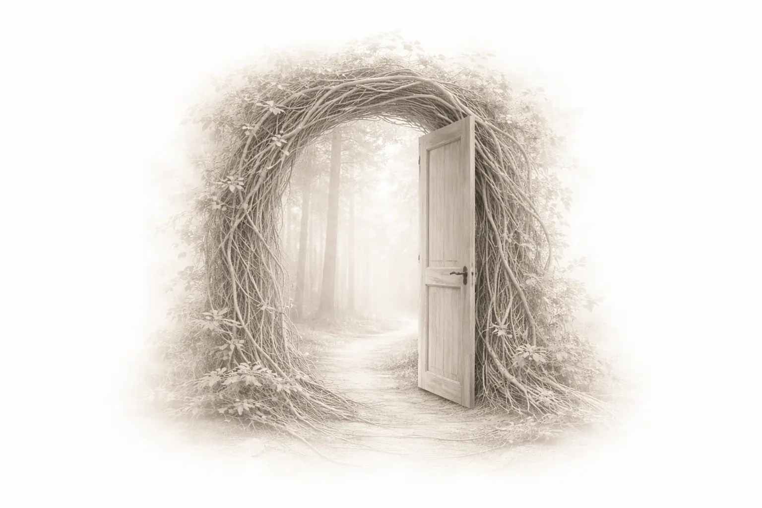 Puerta de madera rodeada de raíces y vegetación que se abre hacia un bosque con camino, simbolizando el inicio en la práctica del mindfulness