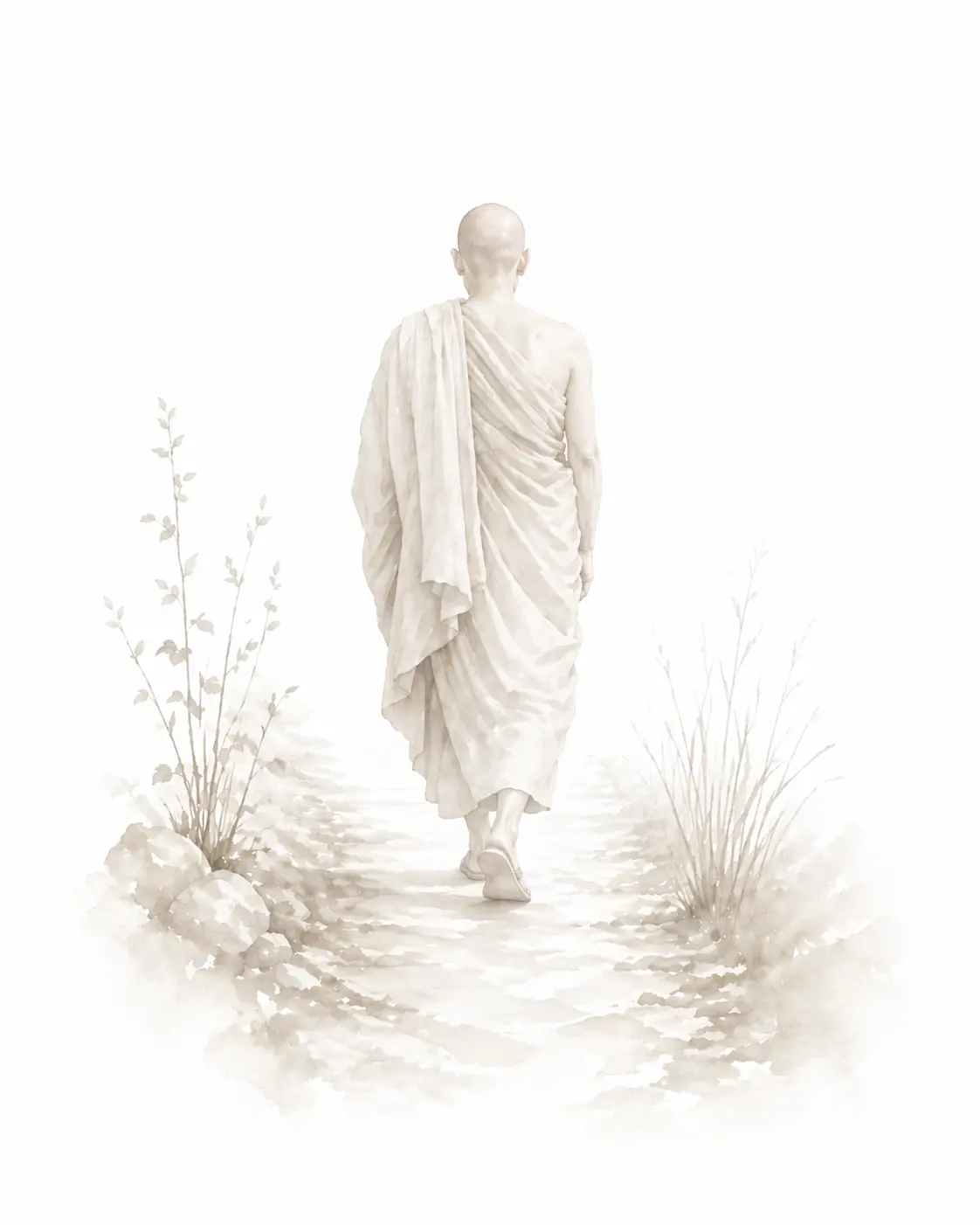 Monje caminando de espaldas por un sendero en una ilustración acuarela minimalista de tonos suaves.