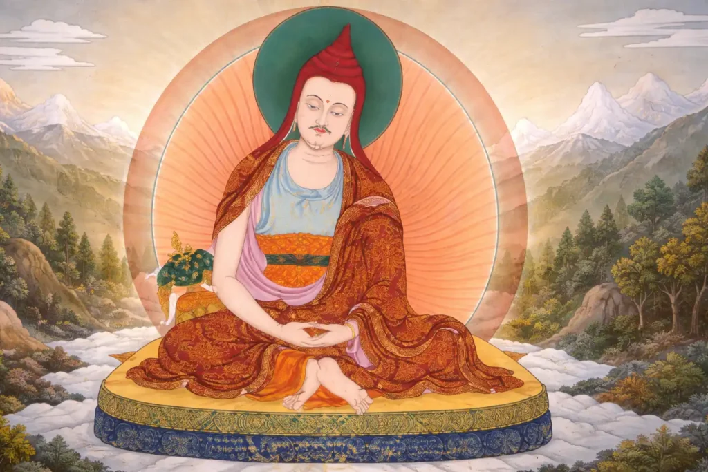 Śāntideva en meditación, representación tradicional budista asociada al Bodhicaryāvatāra