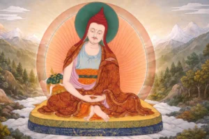 Śāntideva en meditación, representación tradicional budista asociada al Bodhicaryāvatāra