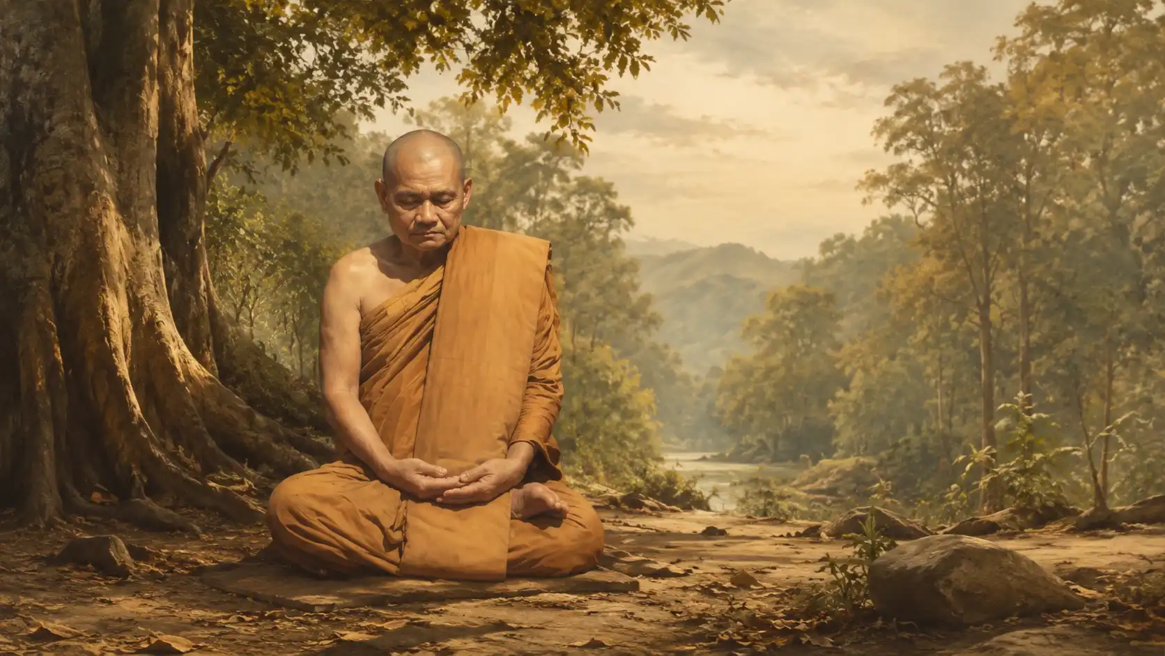 Ajahn Chah meditando bajo un árbol en un bosque, imagen para la enseñanza Agua quieta que fluye