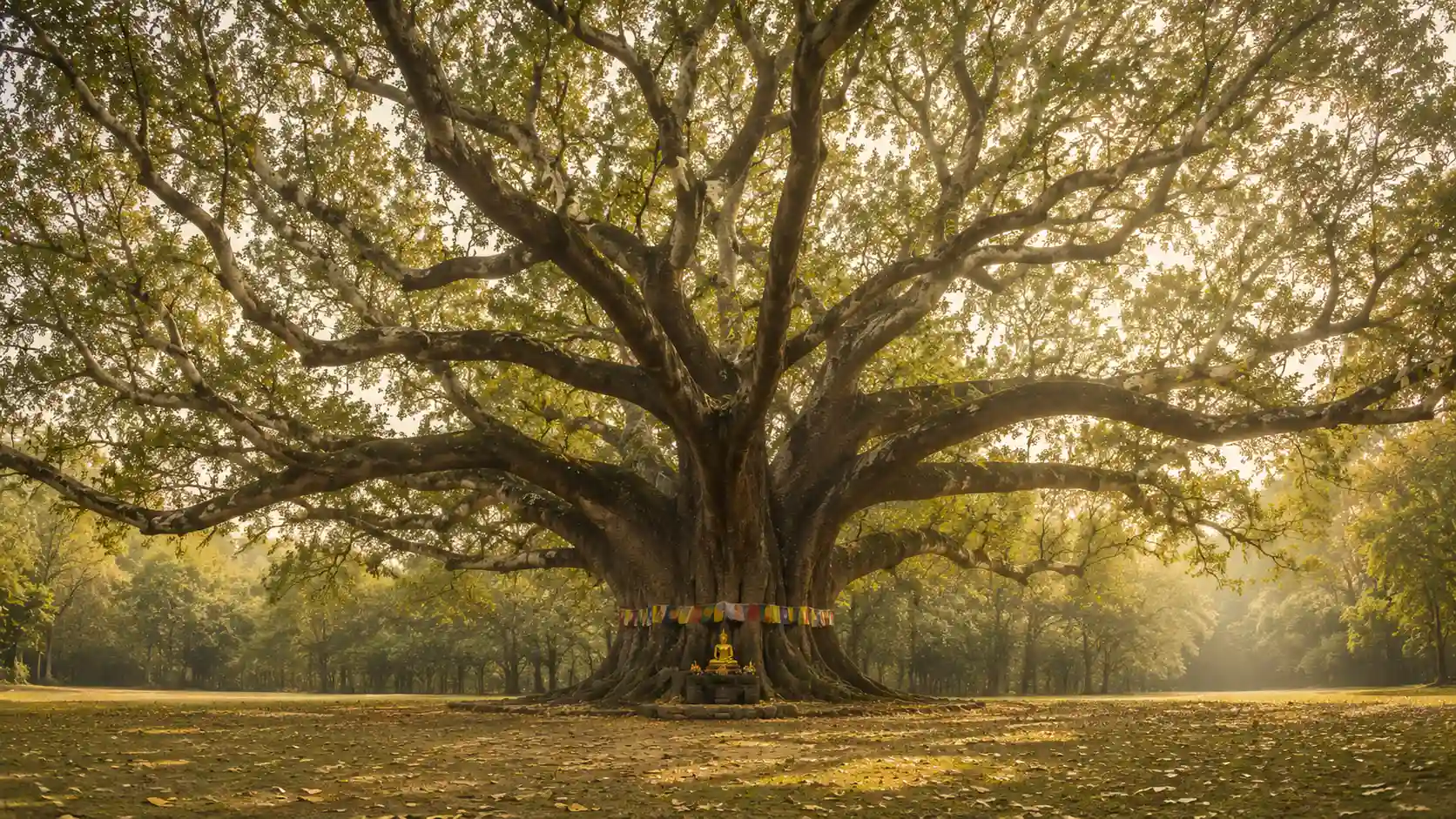 Árbol Bodhi con altar del Buddha, símbolo de bhāvanā y meditación budista