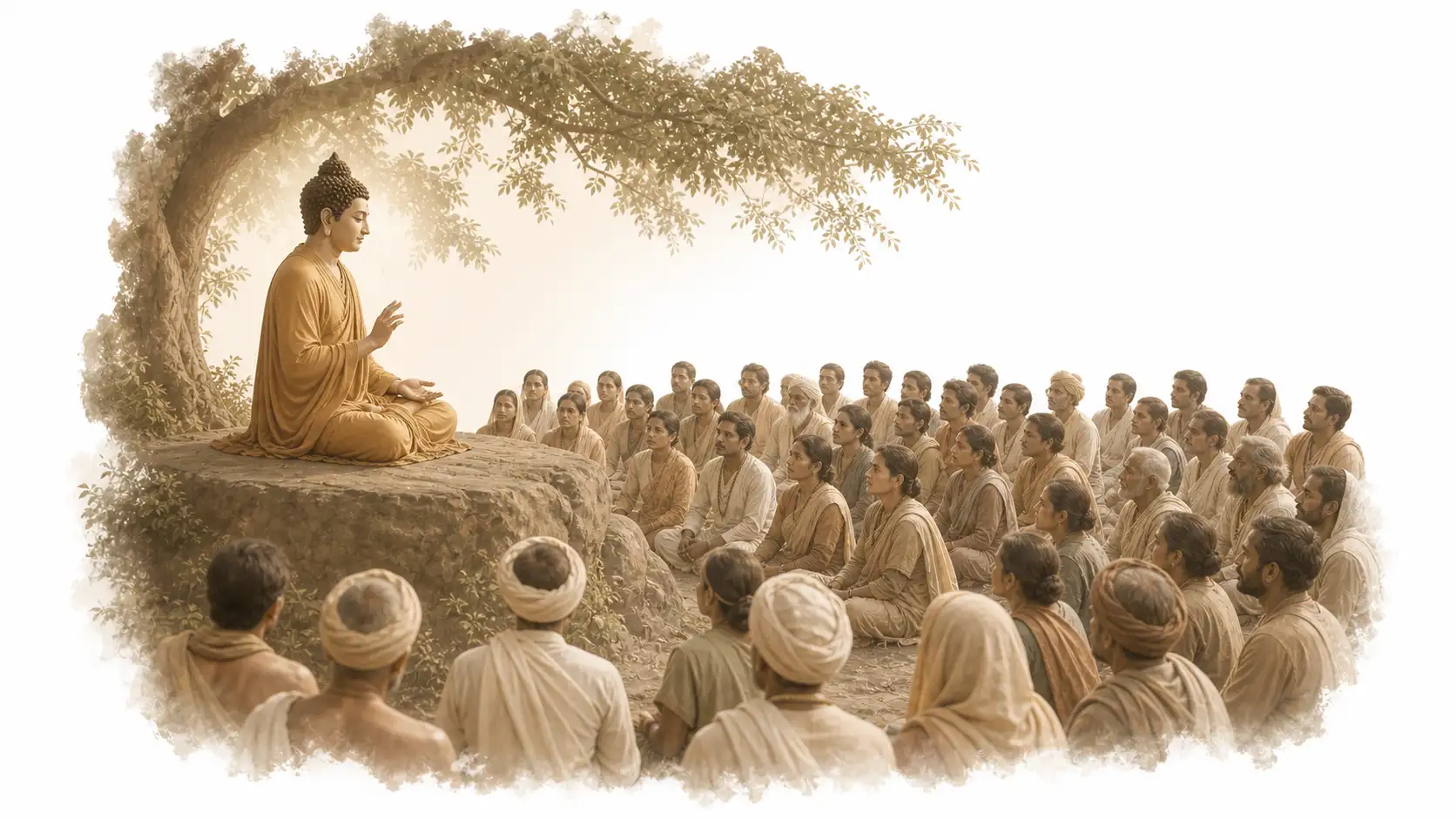 Buddha enseñando el Dhamma a una multitud de devotos en la antigua India