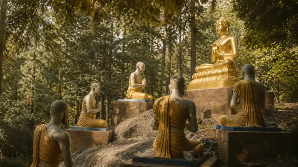Estatuas de monjes reunidas ante una imagen dorada del Buddha en un bosque, evocando la enseñanza de las Cuatro Nobles Verdades