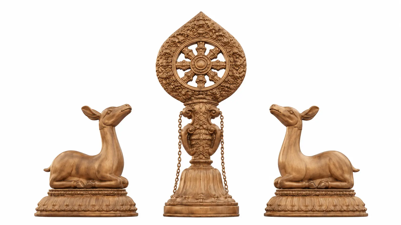 Rueda del Dhamma en madera con dos ciervos, símbolo del primer discurso del Buddha sobre las Cuatro Nobles Verdades