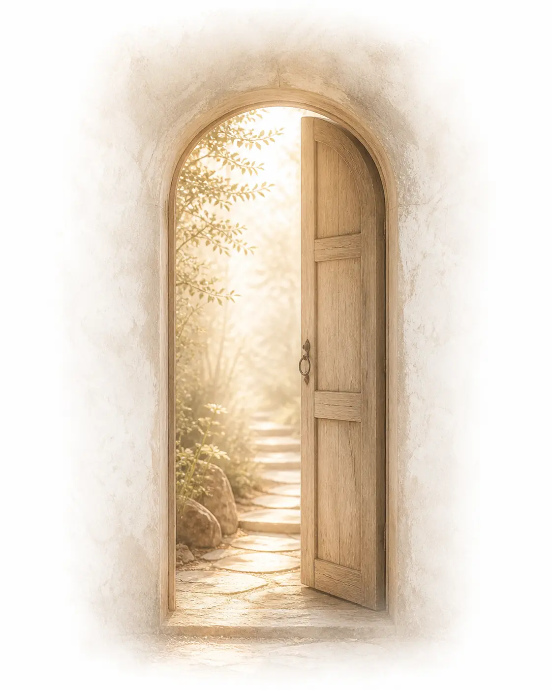 Puerta abierta con luz cálida y naturaleza interior. El Dhamma como camino de verificación directa