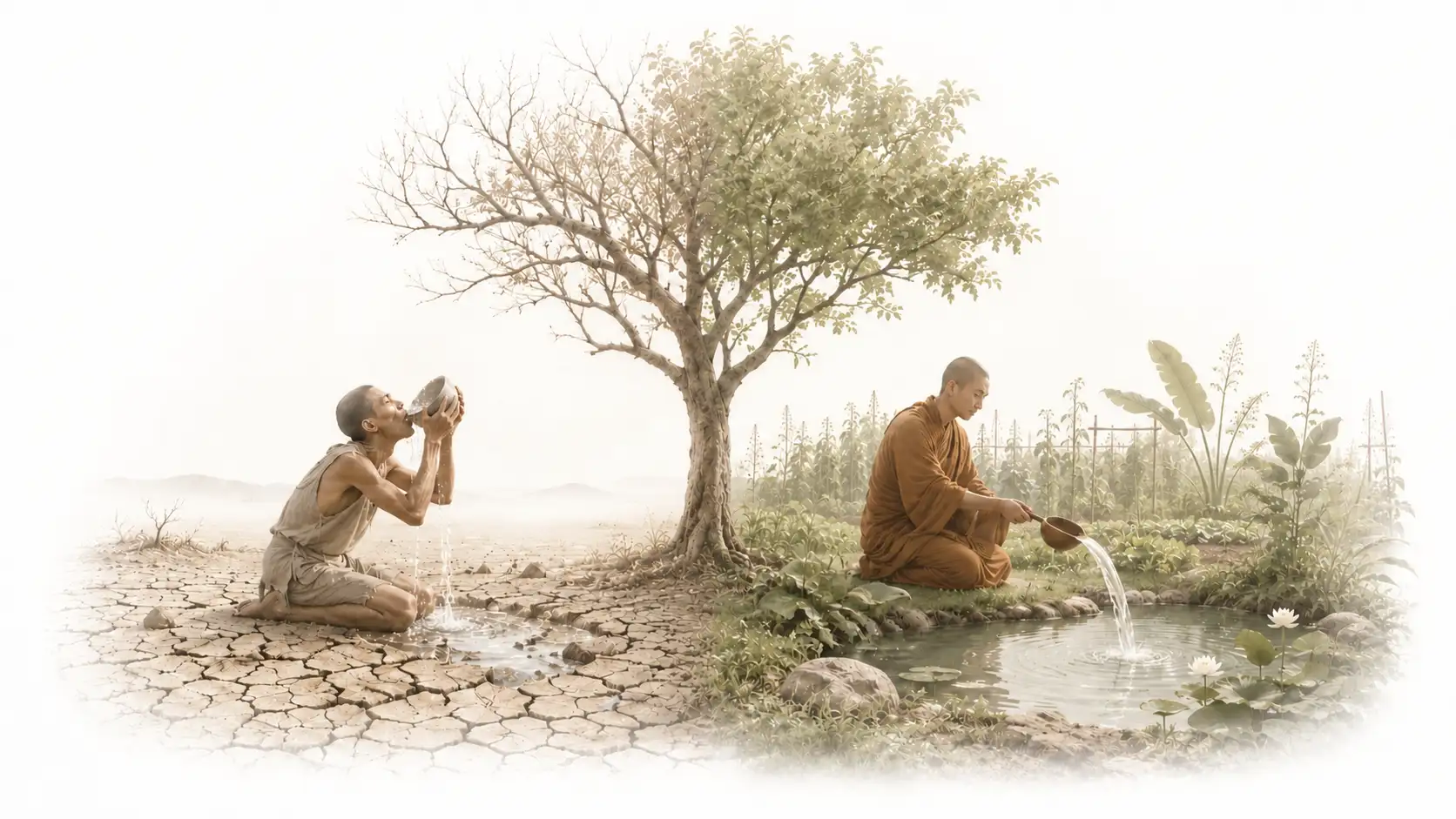 Dos figuras junto al agua representan la diferencia entre taṇhā y chanda en las Cuatro Nobles Verdades