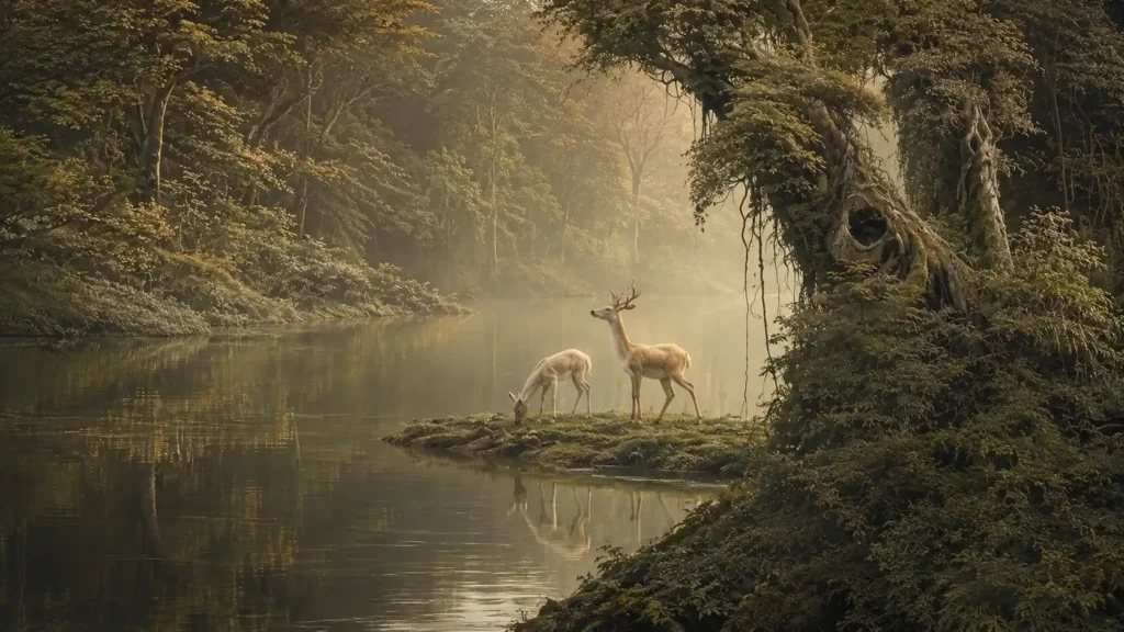Dos ciervos en un bosque, evocando el símil del Dvedhāvitakkasutta (MN 19) donde el Buda compara a los seres sintientes con una manada de ciervos que puede tomar el camino correcto o el equivocado