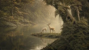 Dos ciervos en un bosque, evocando el símil del Dvedhāvitakkasutta (MN 19) donde el Buda compara a los seres sintientes con una manada de ciervos que puede tomar el camino correcto o el equivocado