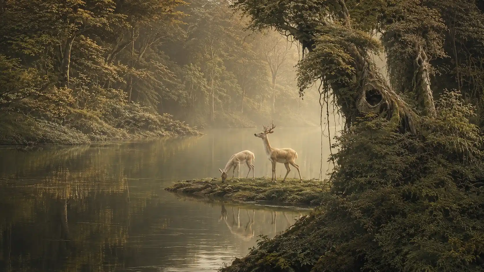 Dos ciervos en un bosque, evocando el símil del Dvedhāvitakkasutta (MN 19) donde el Buda compara a los seres sintientes con una manada de ciervos que puede tomar el camino correcto o el equivocado