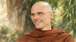 Ilustración de Bhikkhu Anālayo con túnica monástica, sobre un fondo de vegetación.